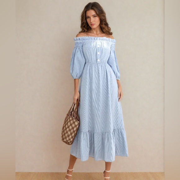 Dresses & Skirts - Striped Off Shoulder Ruffle Hem A-line Dress